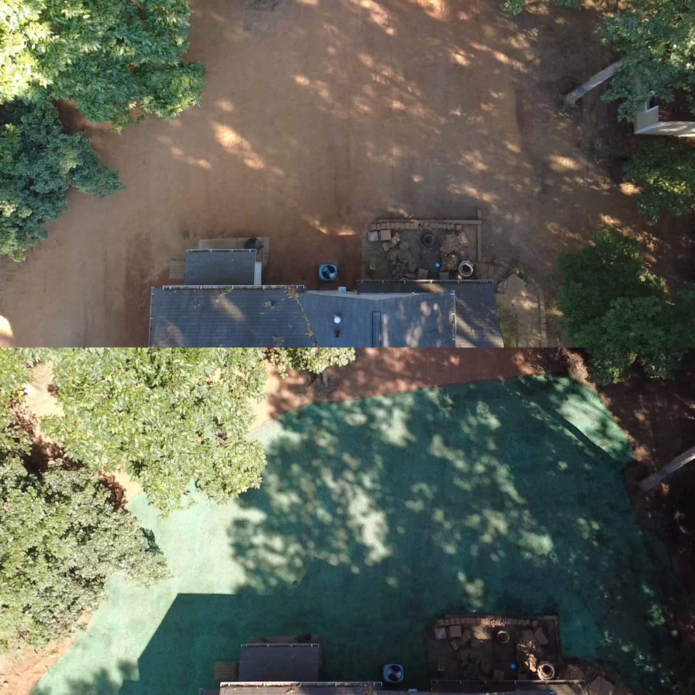 Aerial before and after of a bare clay yard covered with green hydroseed