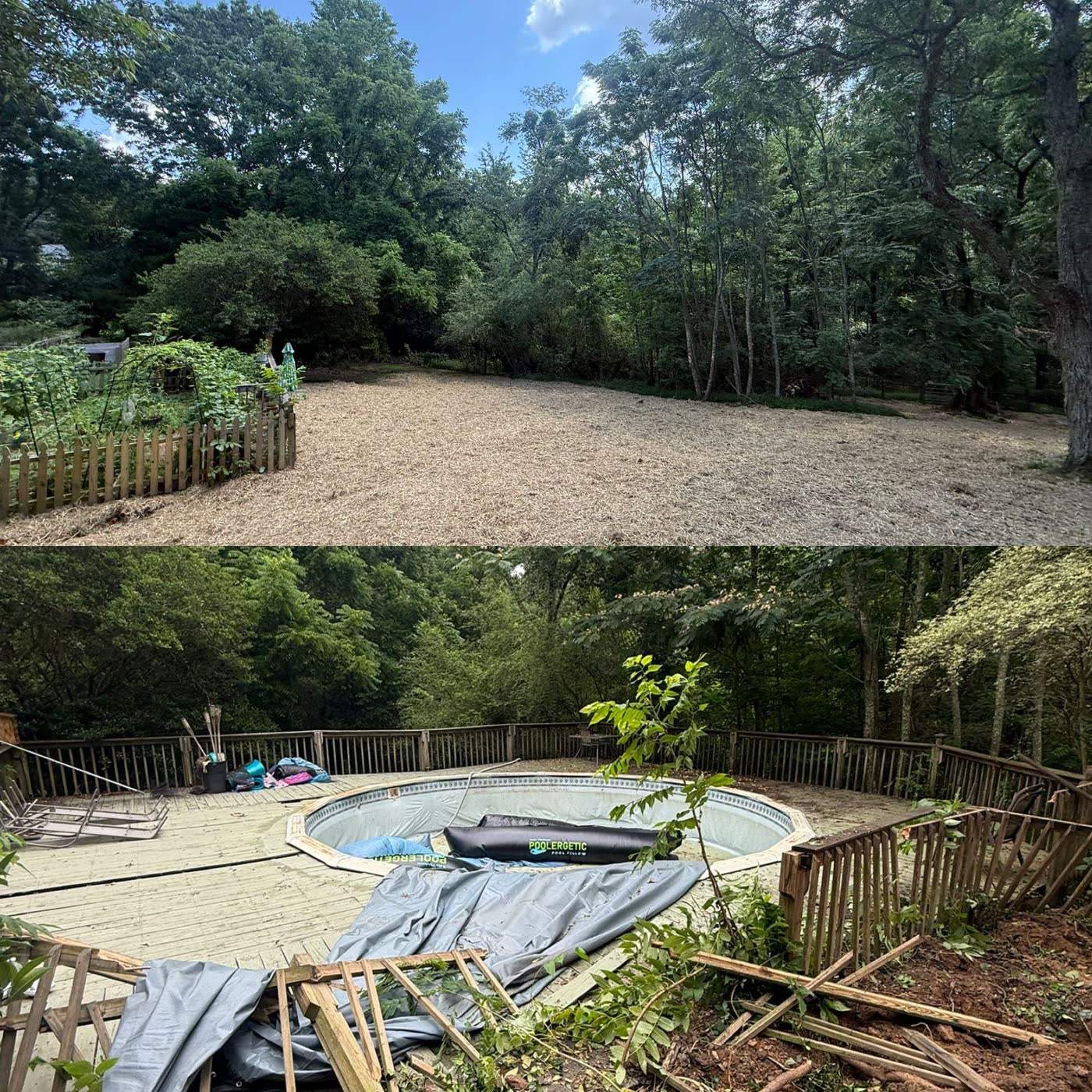 Before and after of an old pool and deck removed and the yard filled and graded