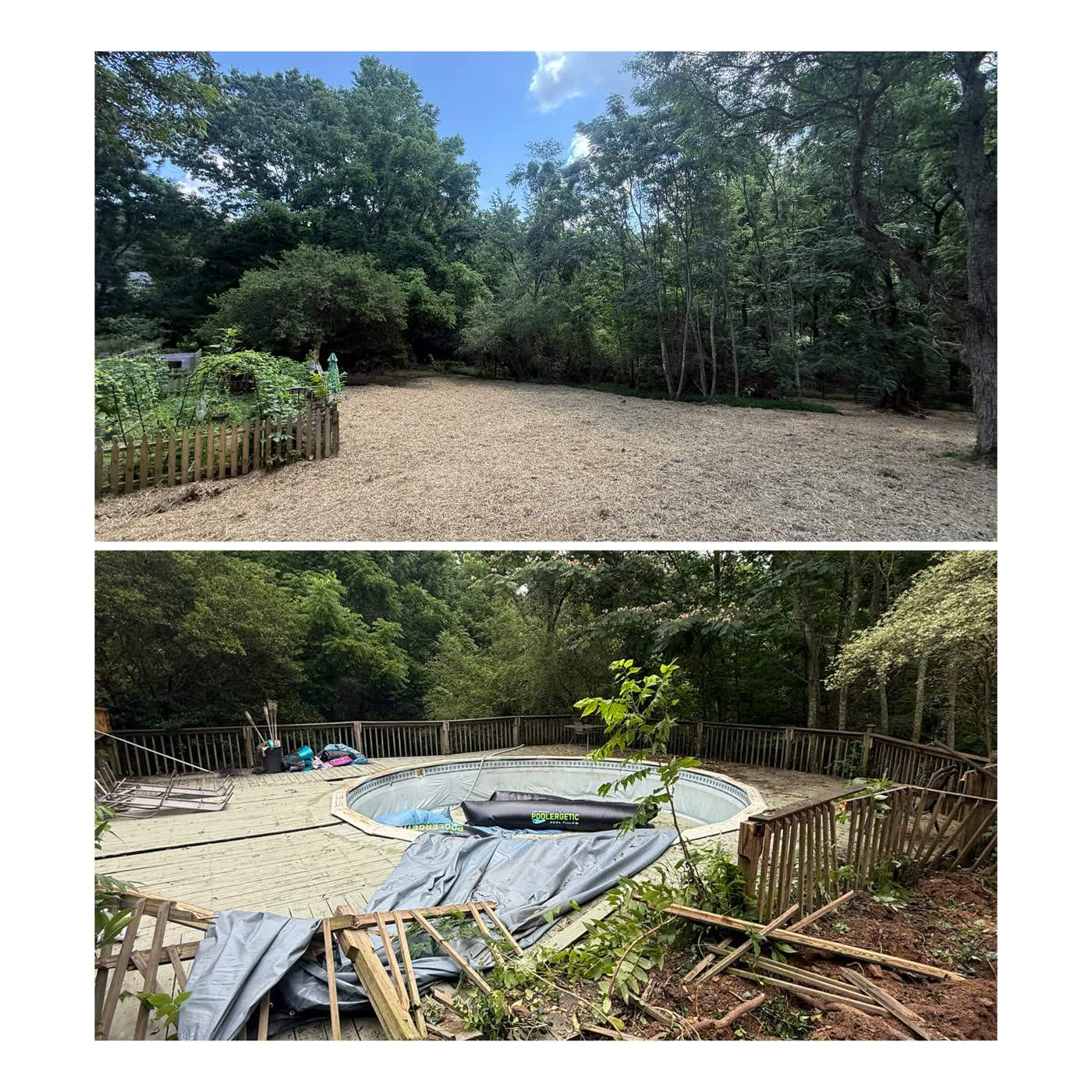 Before and after of an old pool removed and the yard filled and graded