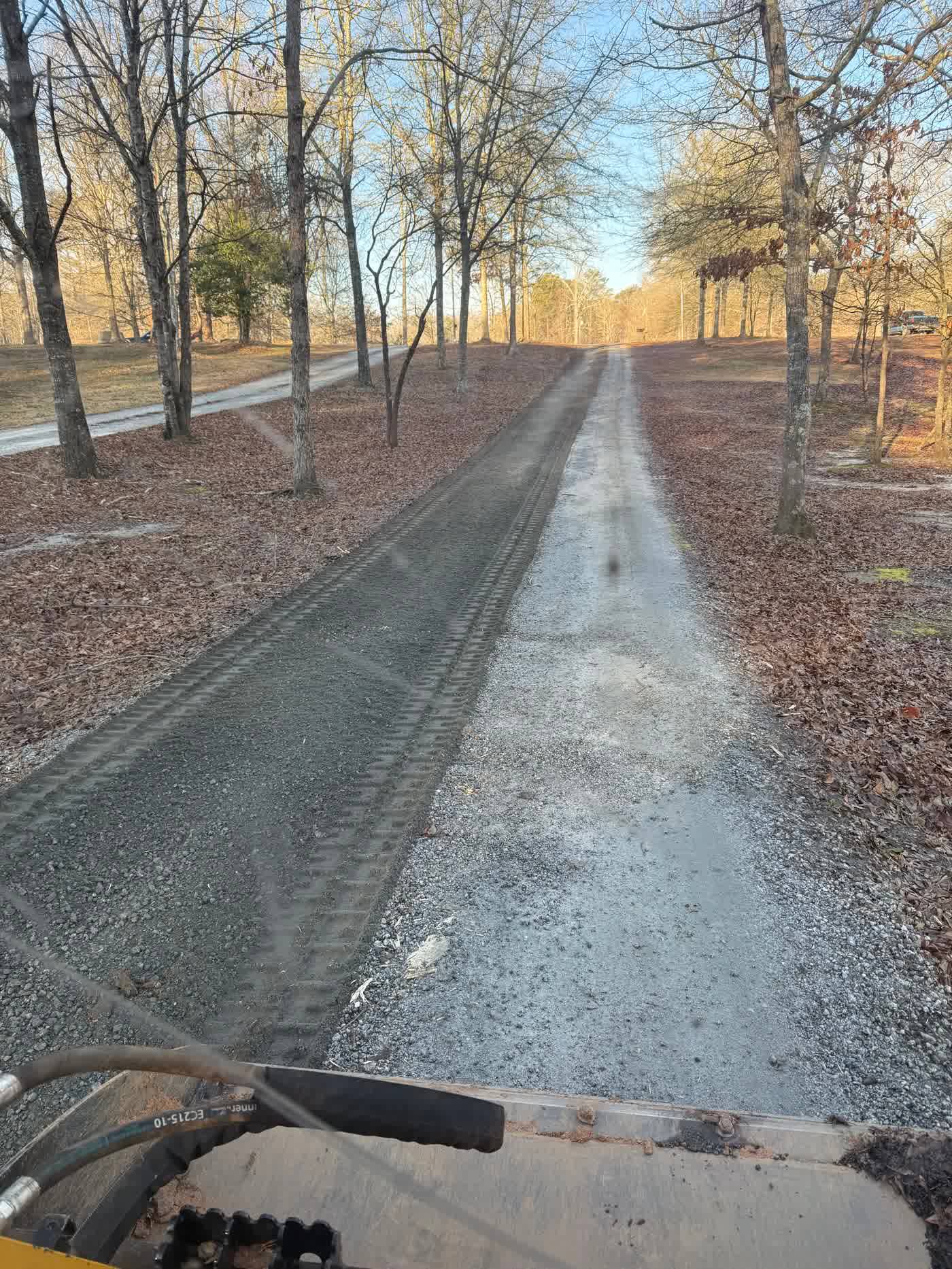 Long gravel driveway running through a wooded lot
