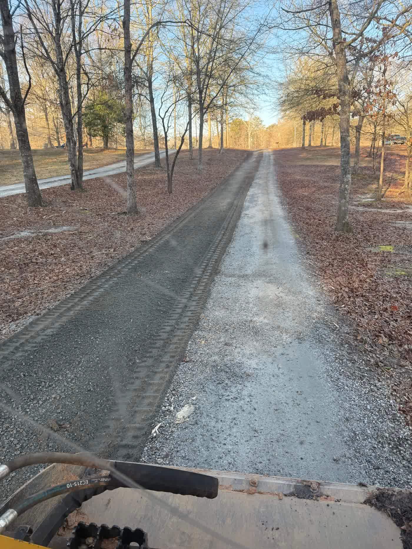 Long gravel driveway running through a wooded lot