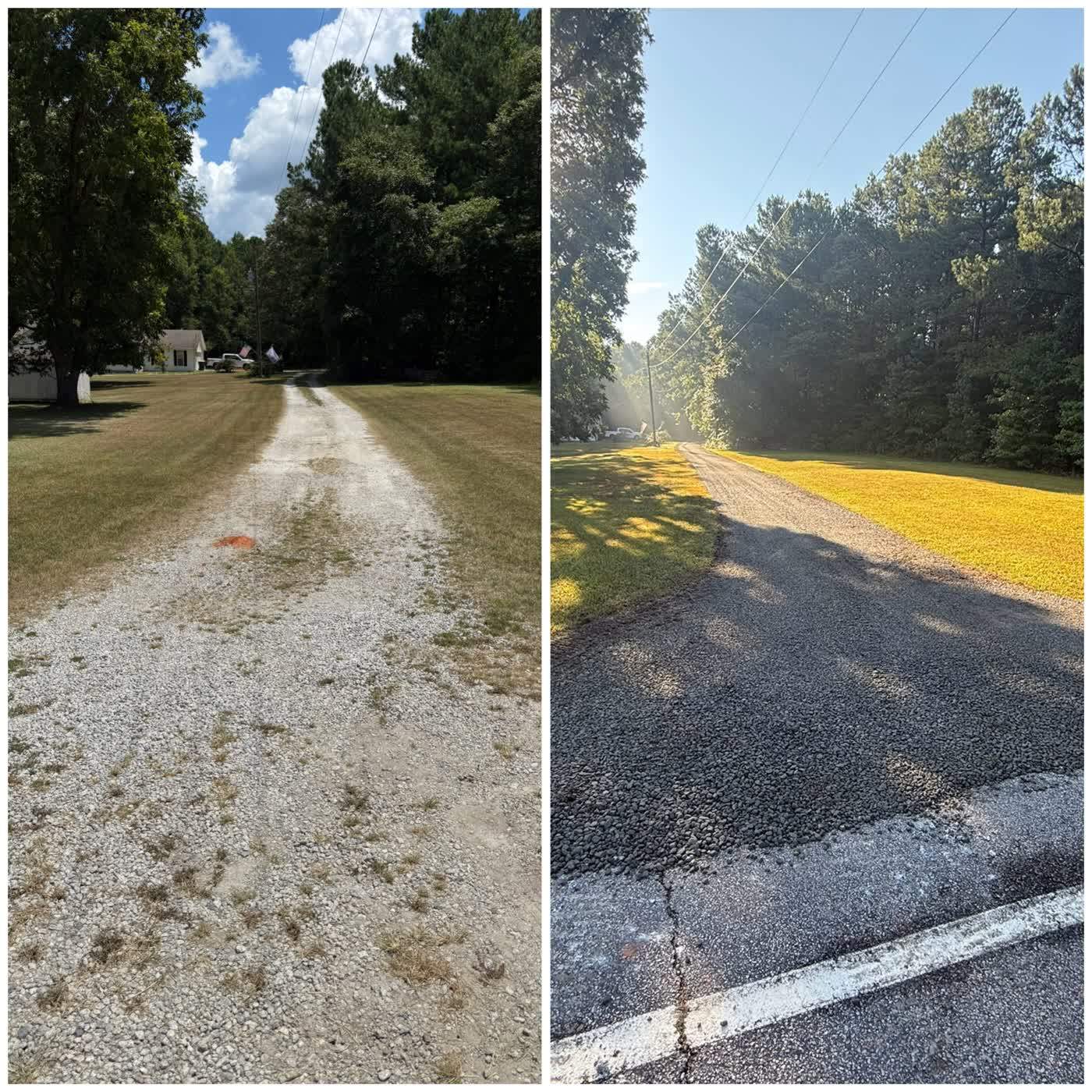 Before and after of a worn driveway rebuilt with fresh gravel