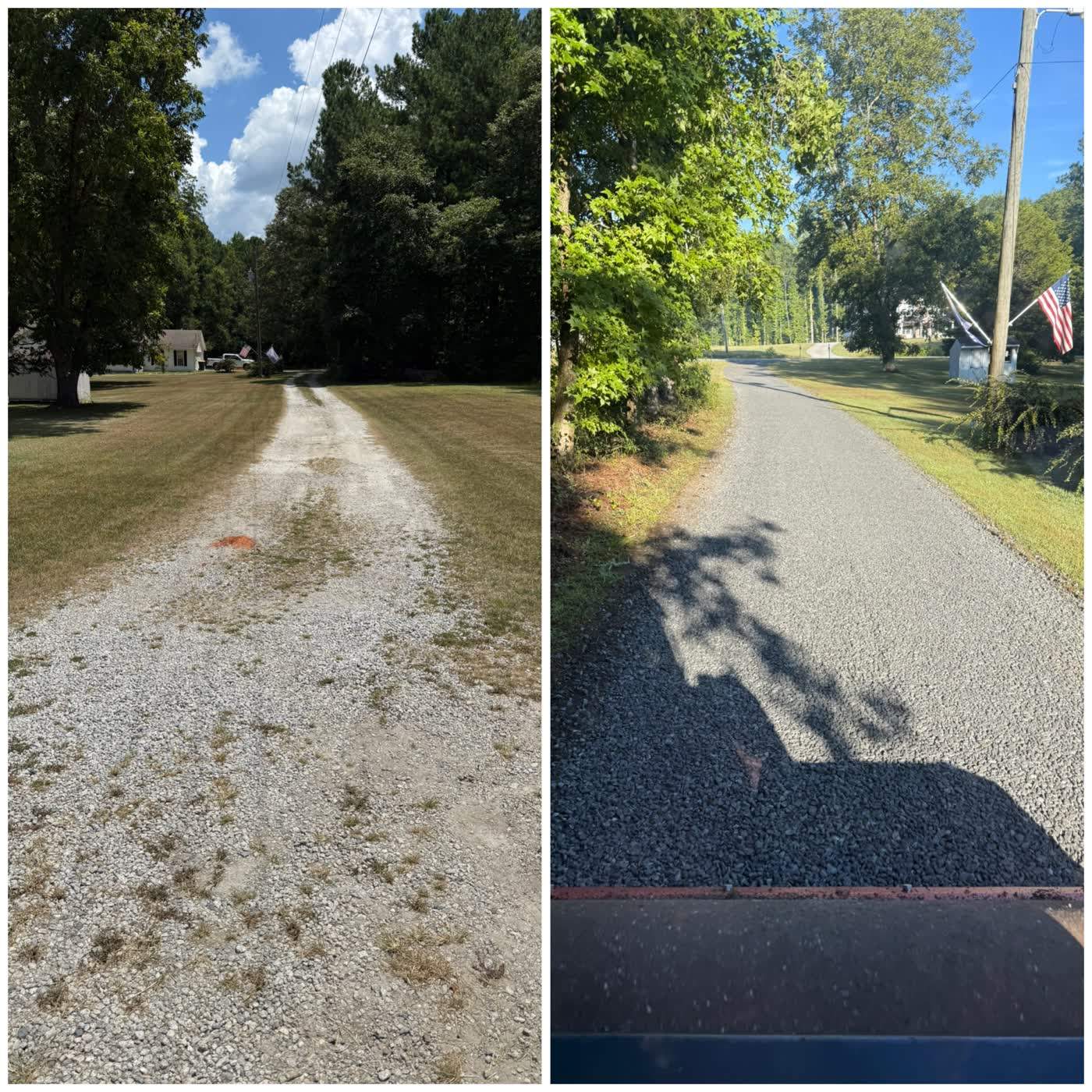 Before and after of a gravel drive resurfaced and edged