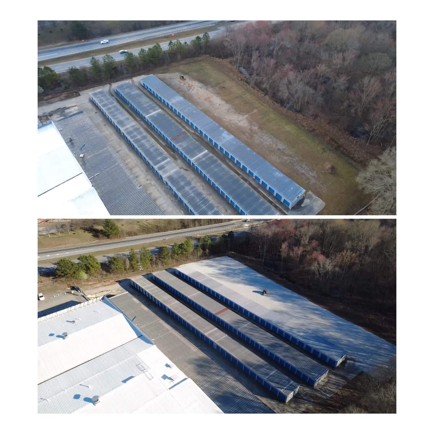Aerial view of gravel drives between storage buildings