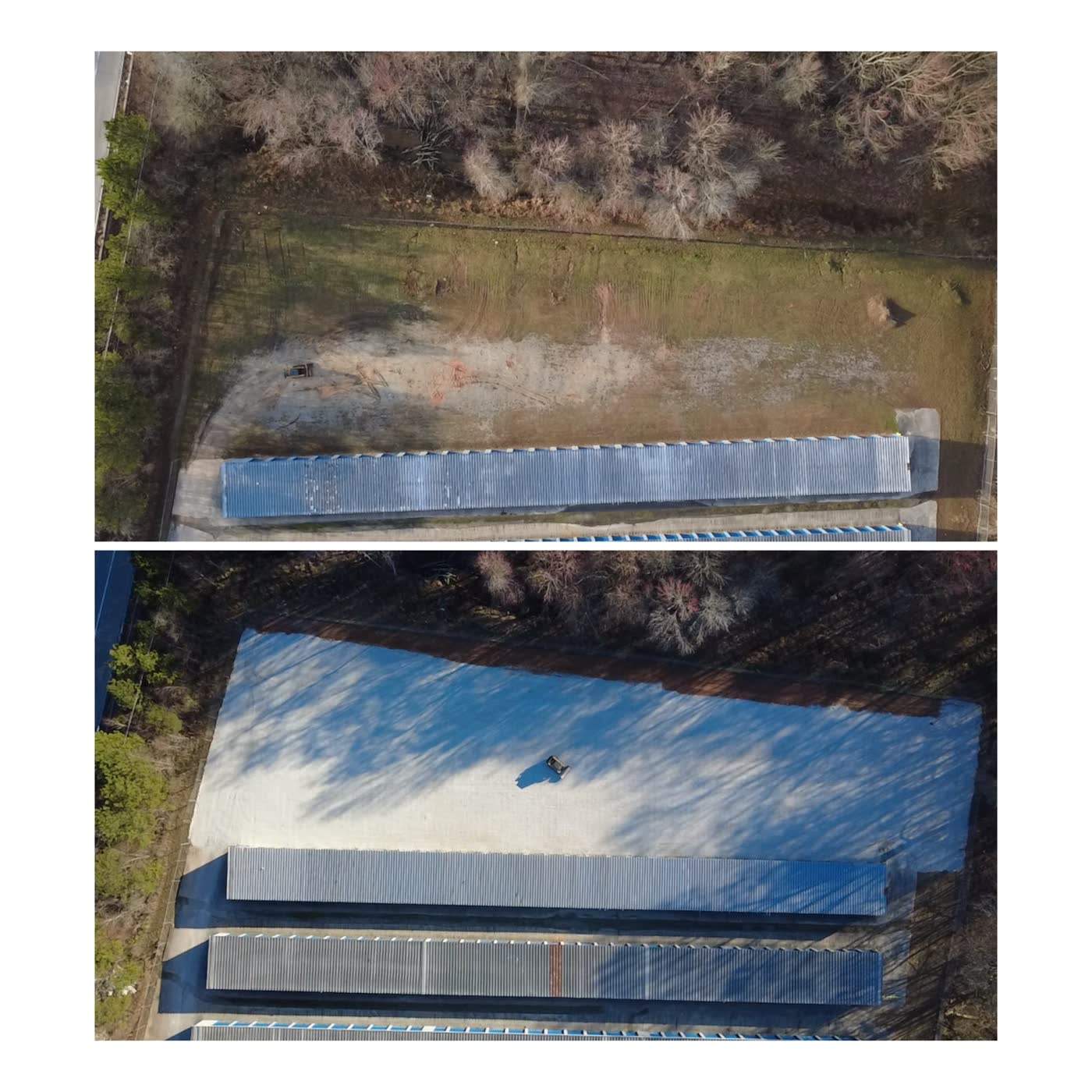 Aerial view of a gravel storage lot and access drives