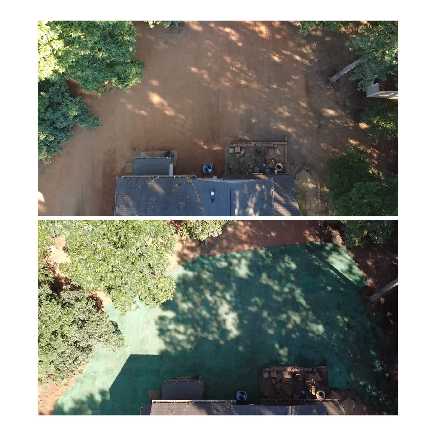 Before and after of a bare yard covered with hydroseed