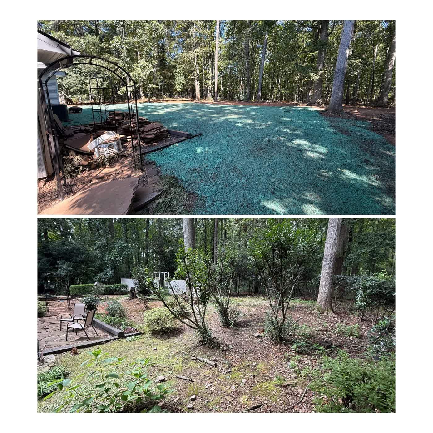 Before and after of a pool yard seeded and stabilized