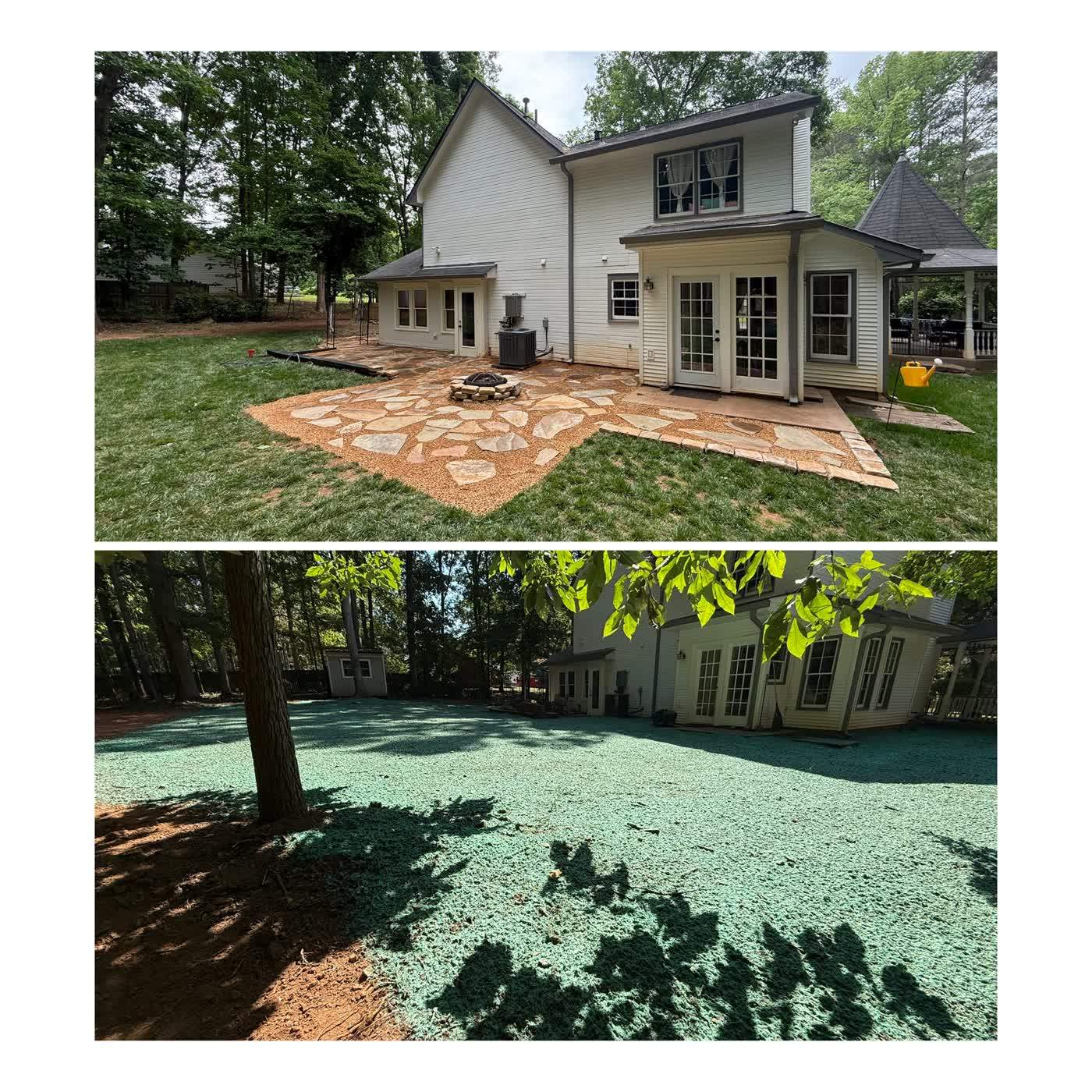 Before and after of a patio surround seeded and stabilized