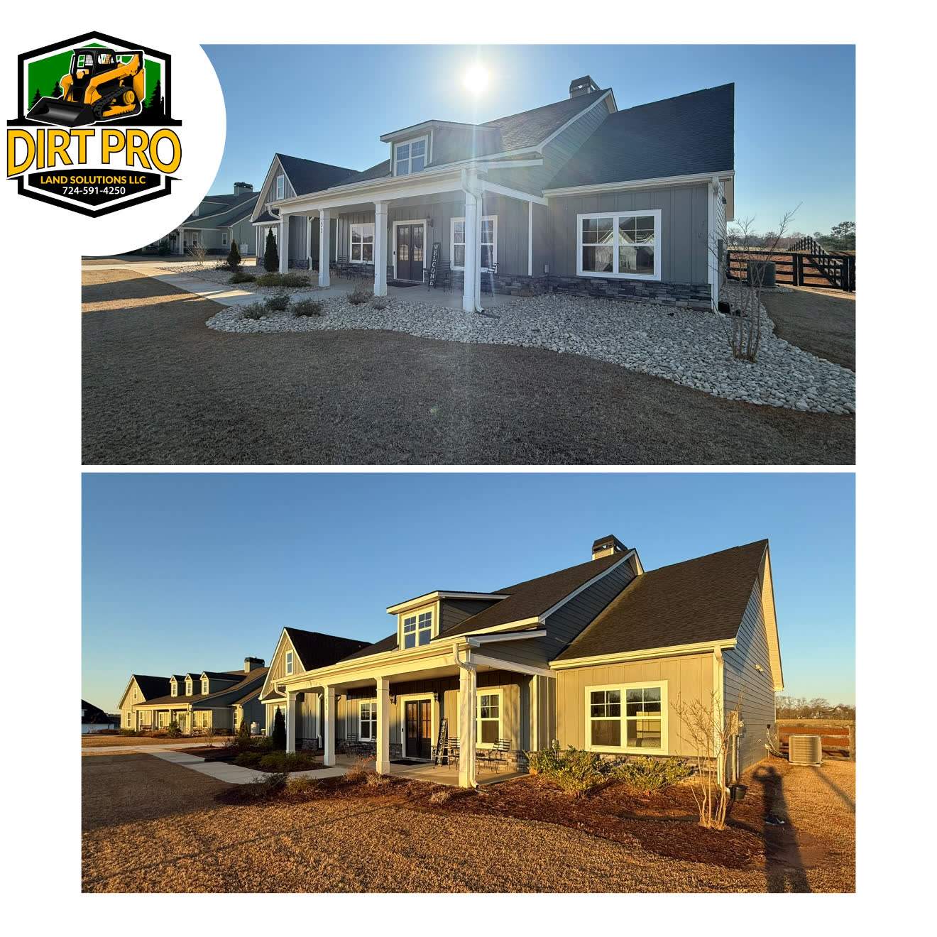Before and after of a home front yard rebuilt with new lawn and beds