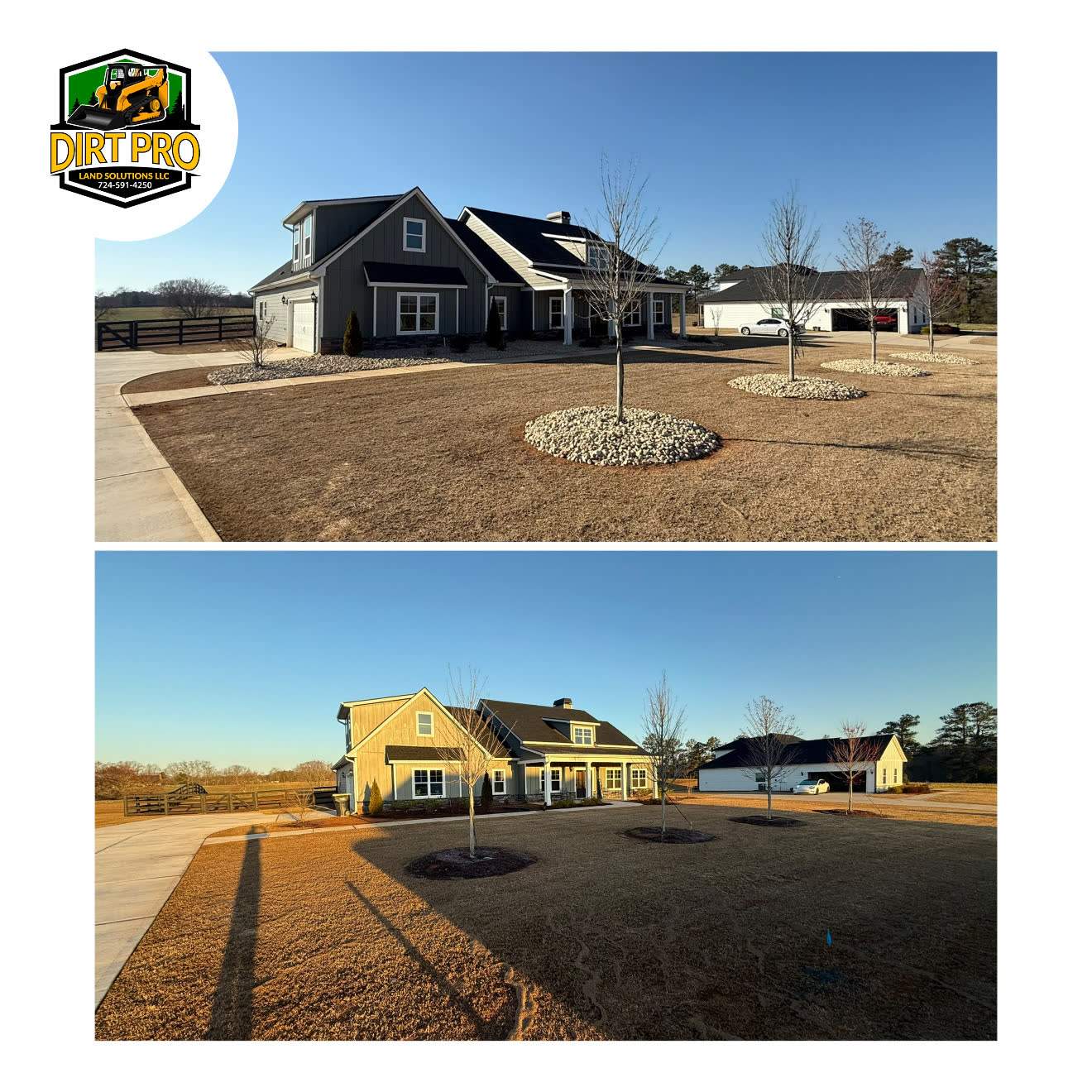 Before and after of a front yard regraded with fresh beds and lawn