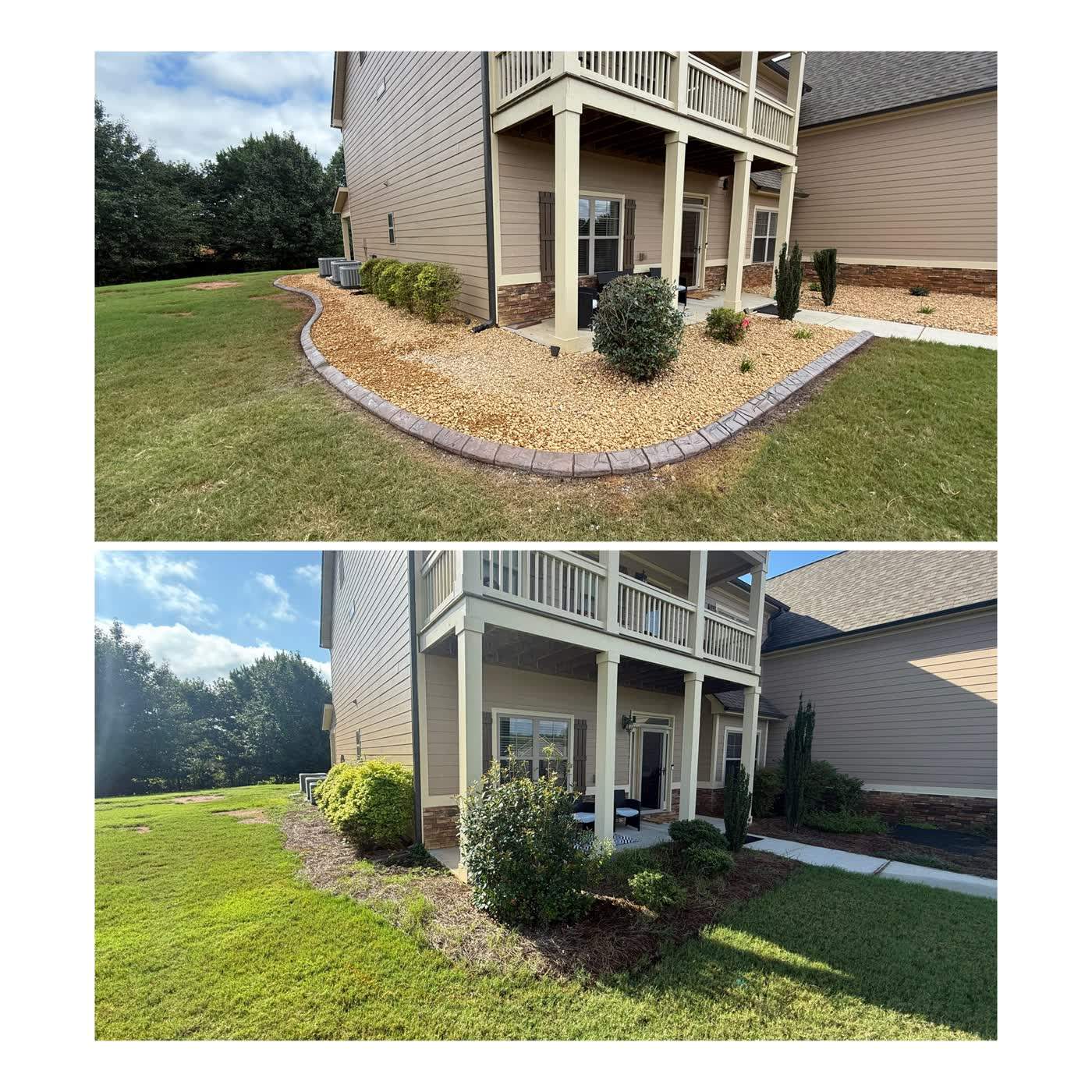 Before and after of foundation planting beds at a home