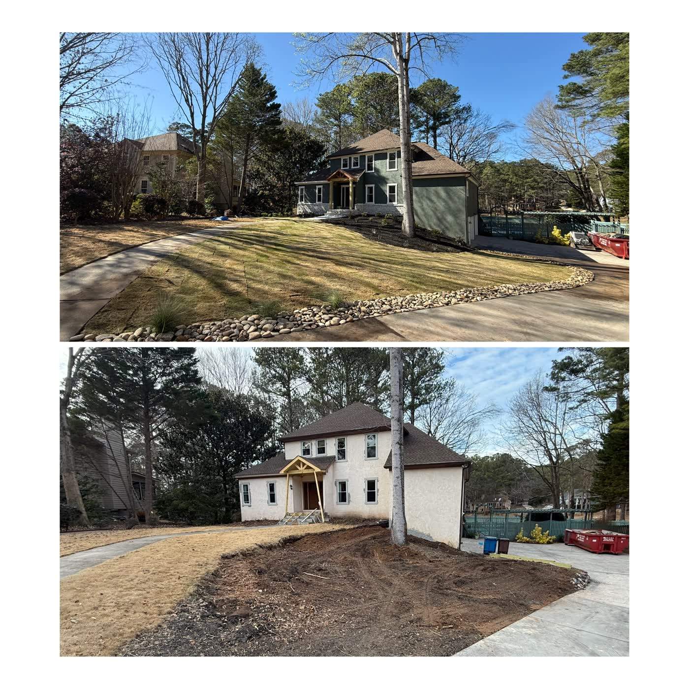 Before and after of a front yard cleared and regraded