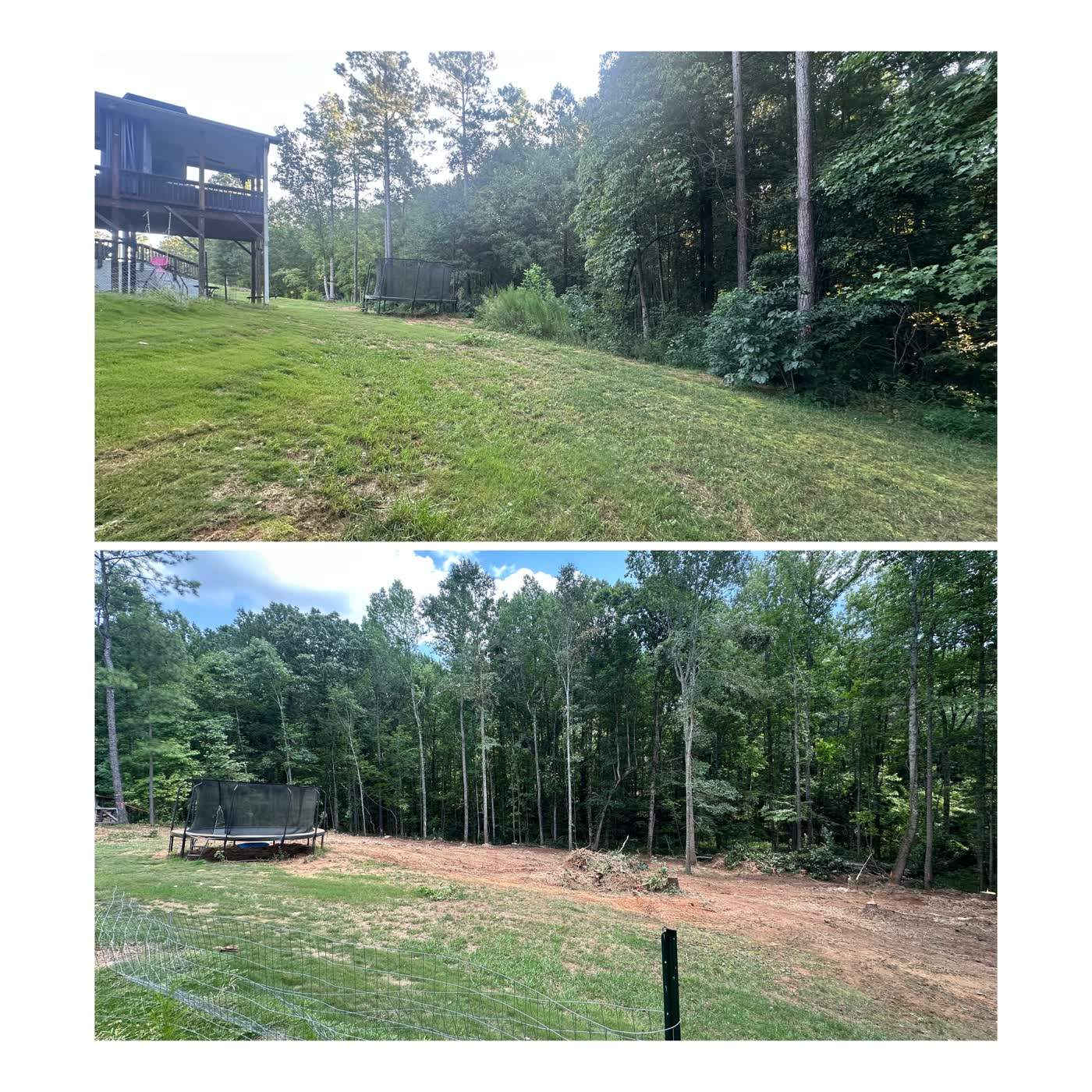 Before and after of an overgrown lawn edge cleared back to open ground