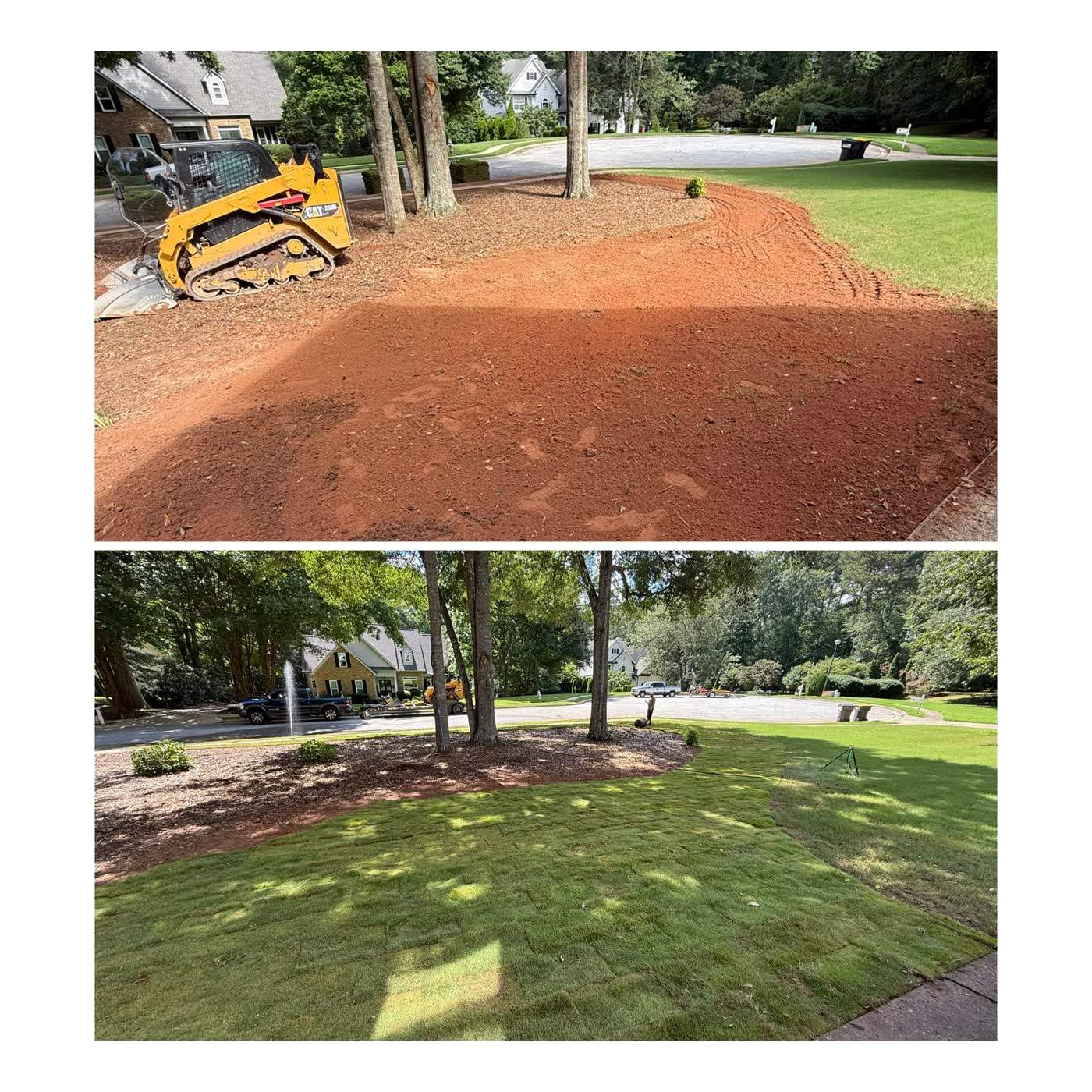 Before and after of a yard prepped and finished with sod