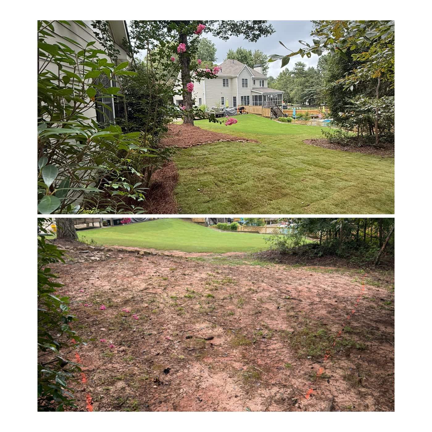 Before and after of a worn lawn stripped and re-sodded