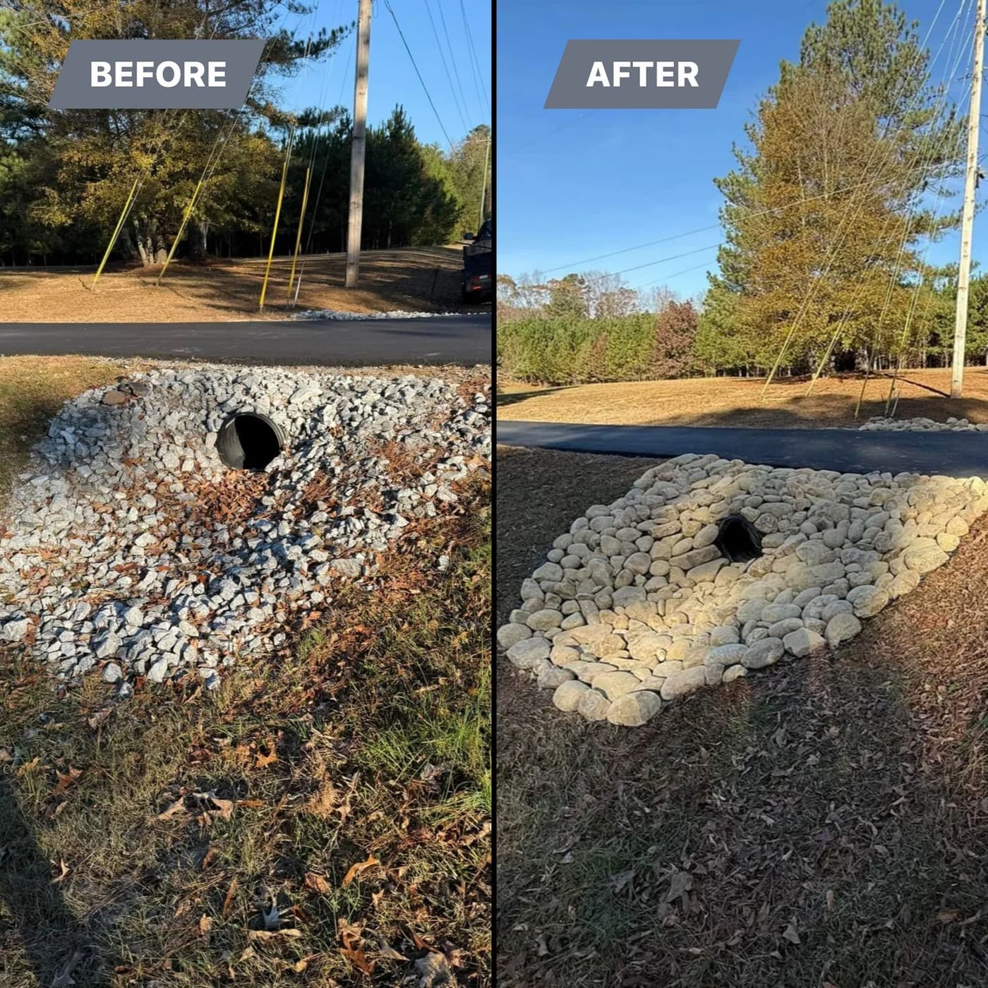 Before and after of a driveway culvert dressed with river rock