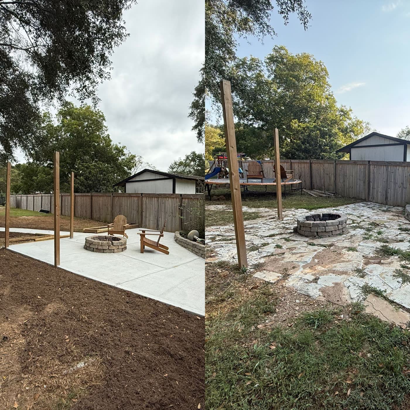 Before and after of a cracked flagstone area rebuilt as a concrete fire pit patio