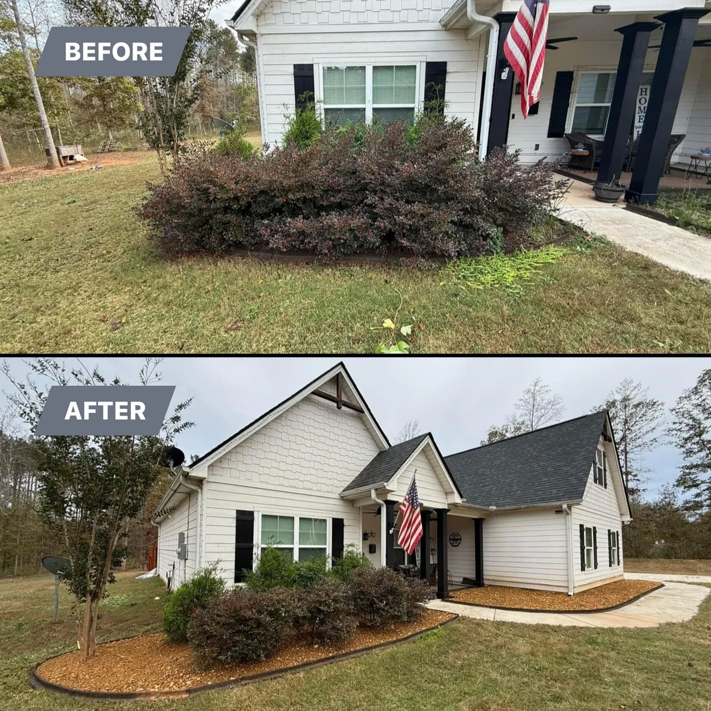 Before and after of foundation landscape beds at a home