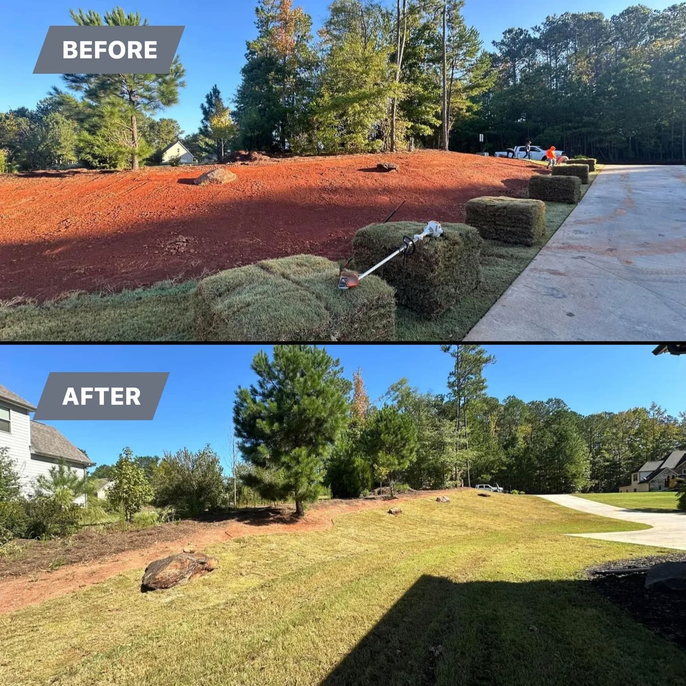 Before and after of a bare yard regraded and sodded