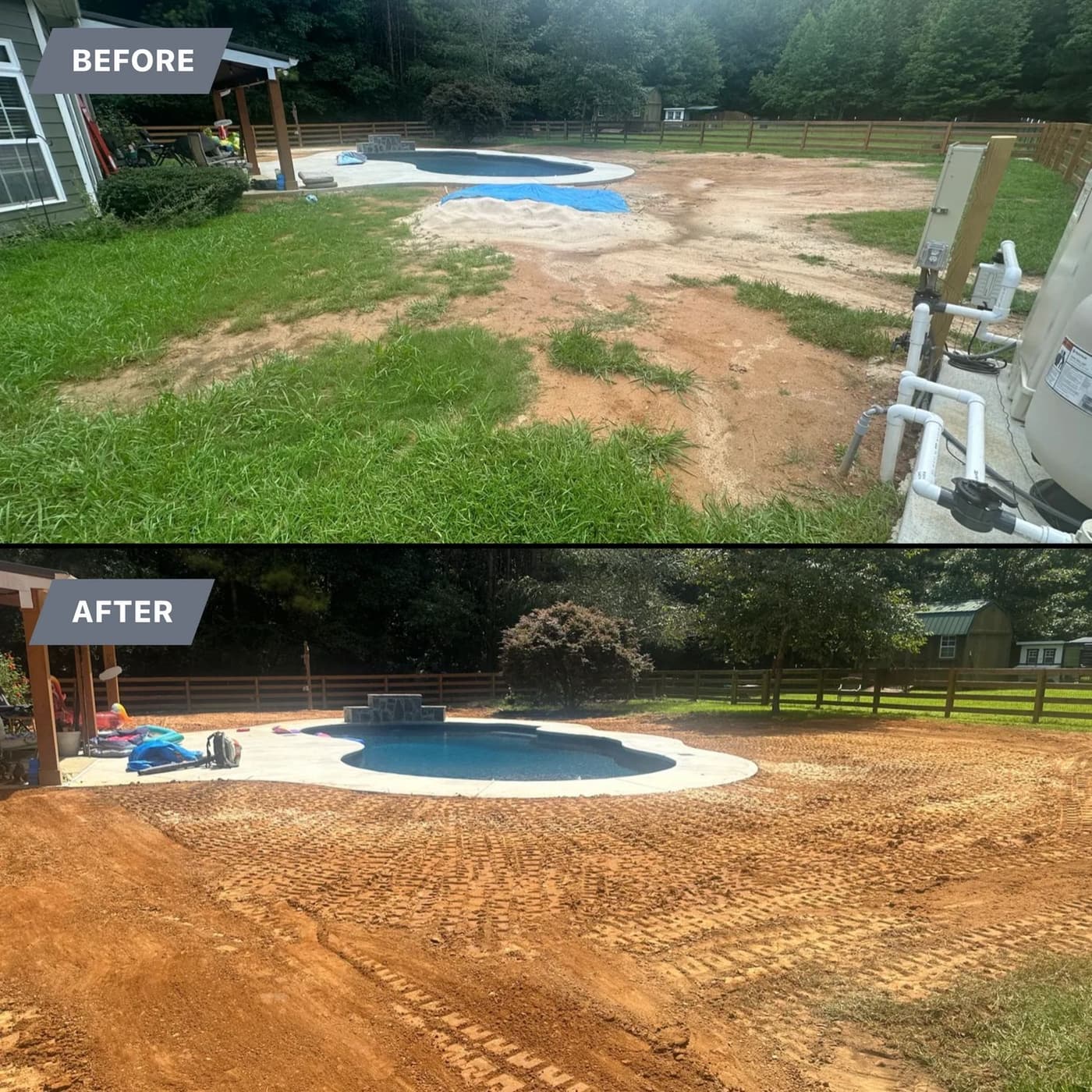 Before and after of a pool yard graded and sodded