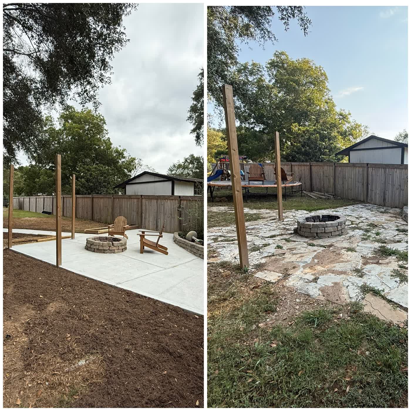 Before and after of a back yard finished with a concrete patio