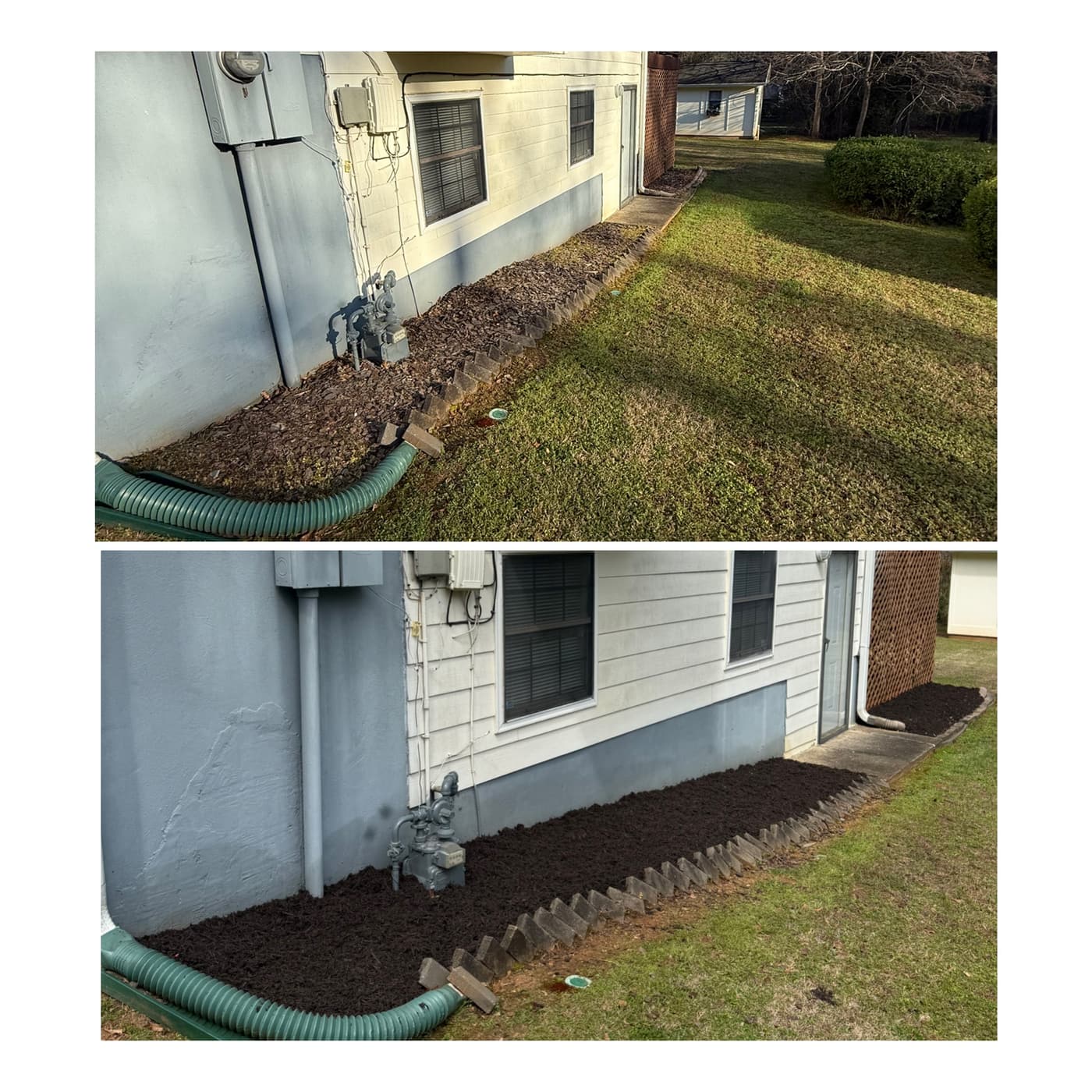 Before and after of buried downspouts along a foundation