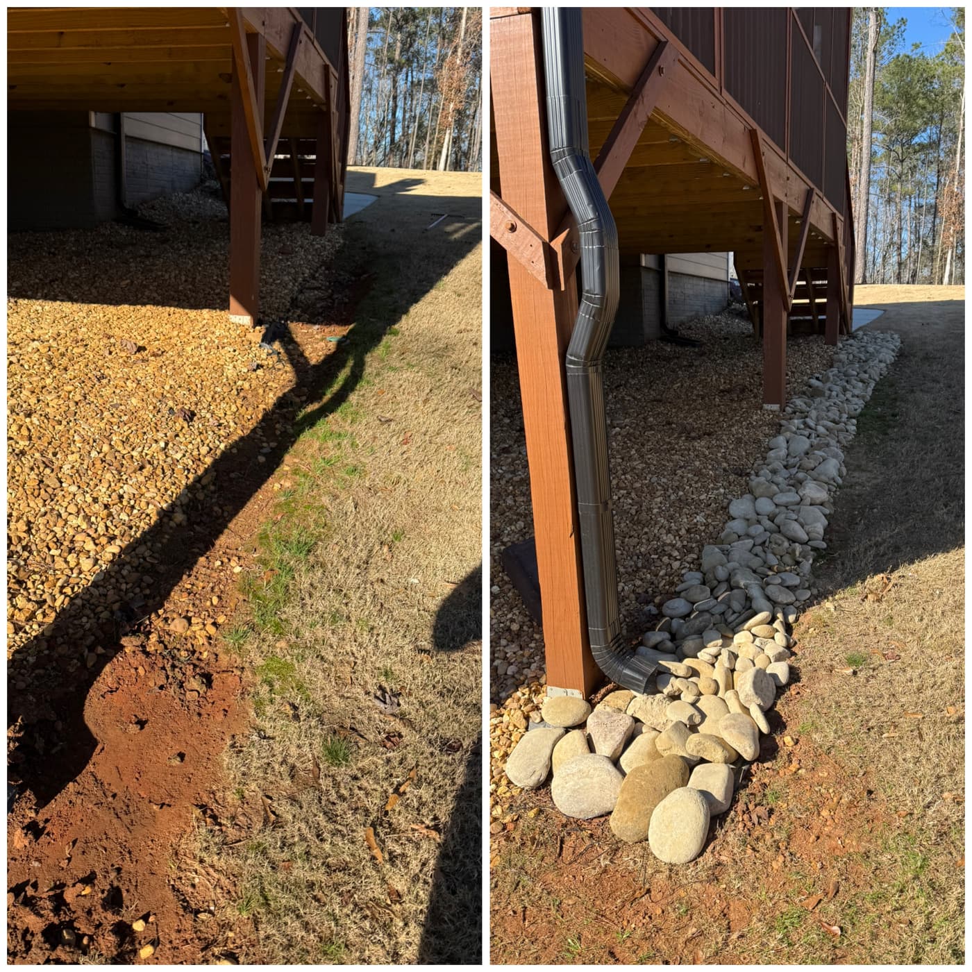 Before and after of riprap drainage under a deck