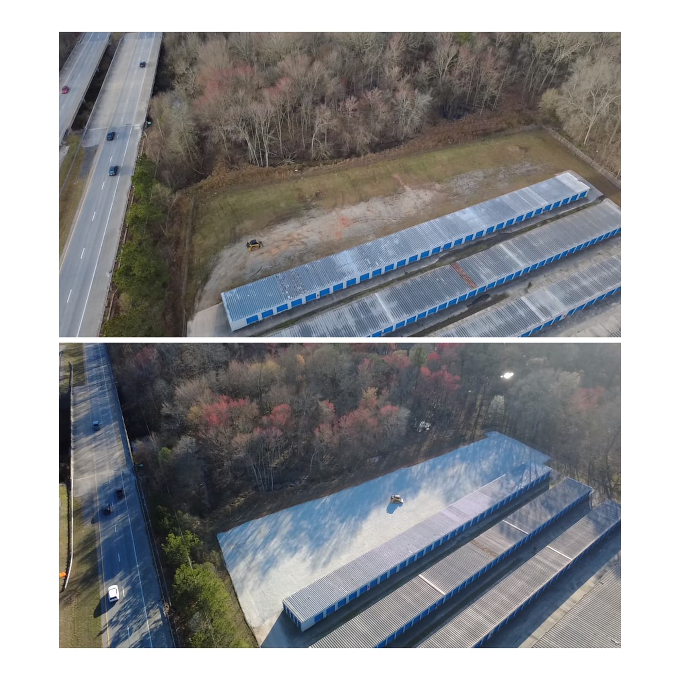 Before and after aerial of a storage facility gravel expansion